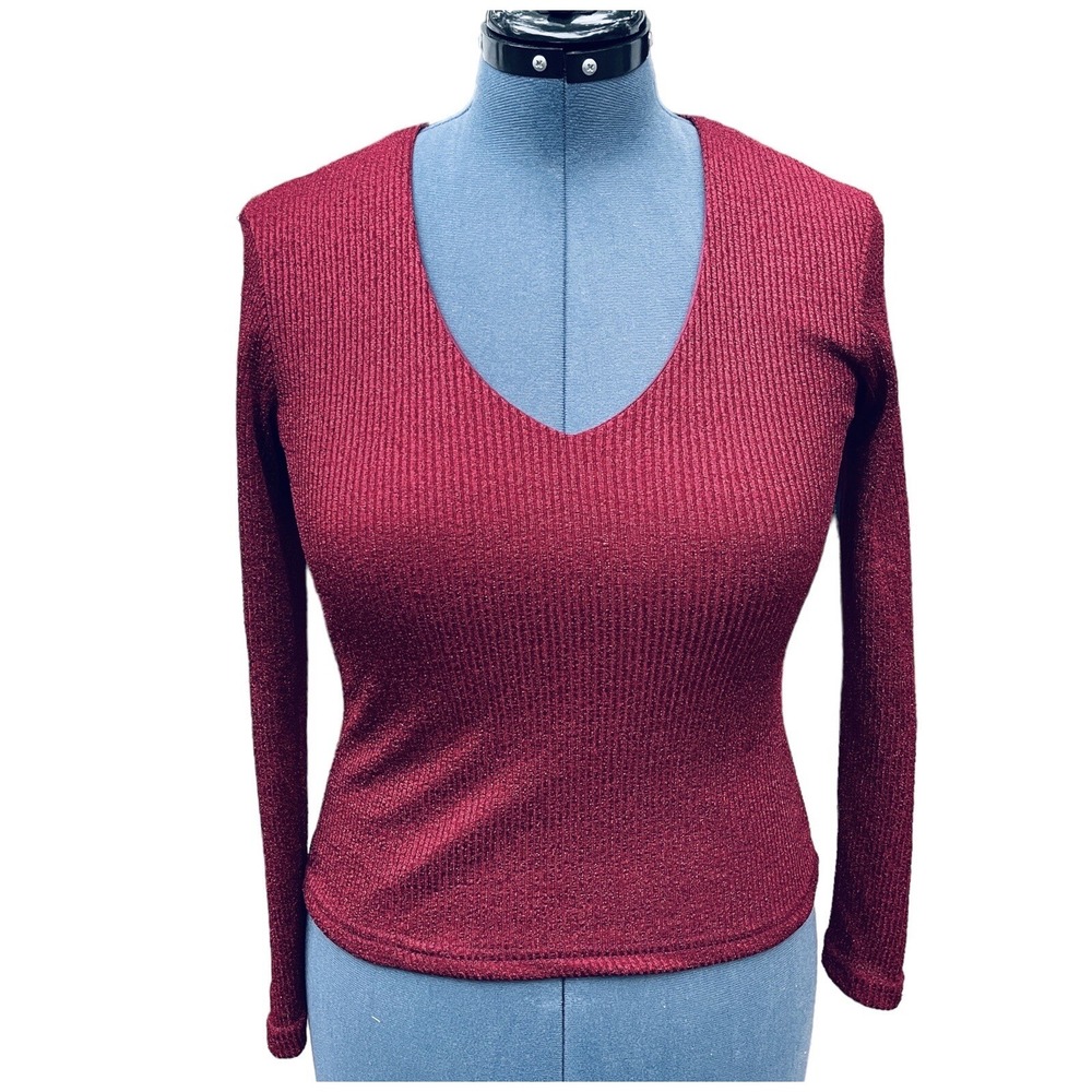 Sparkly V-Neck Ribbed Sweater Women's XS/S  Maroon Long Sleeve Stretch Luxurious